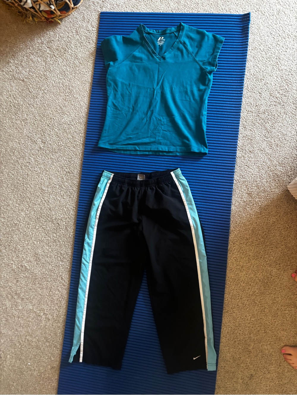 Nike Black Capri Track Pants with Light Blue and White Side Stripes